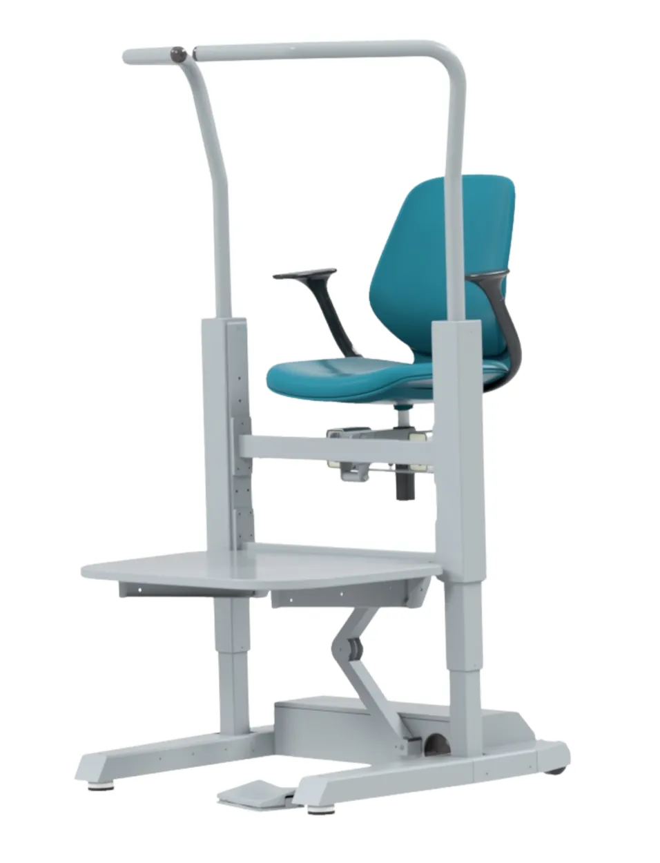 De orthopedische lift Orthostand M30: een grijs frame met een petrolkleurige zitting, veiligheidsbeugels en een in hoogte verstelbaar platform