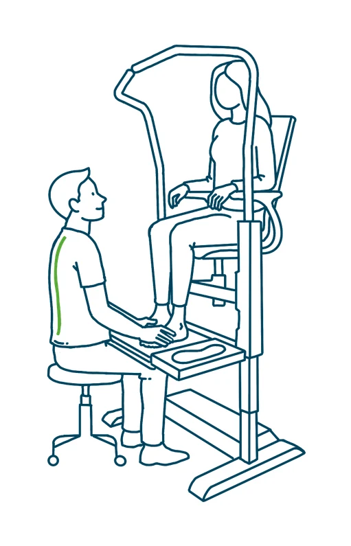 Illustratie van een voetspecialist die rechtop werkt aan het verhoogde Orthostand-platform, met een gezonde rug