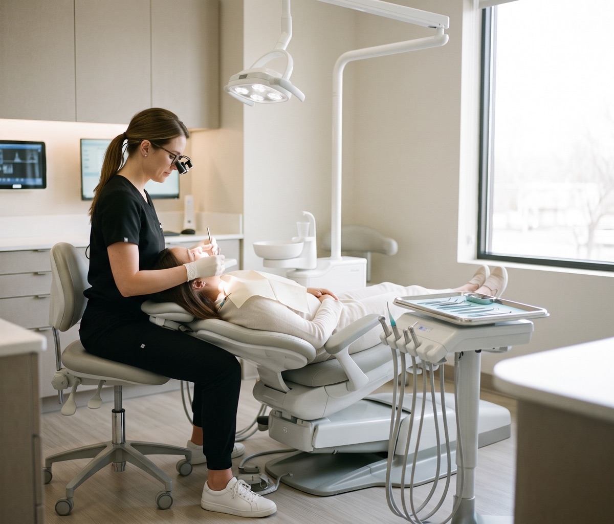 En tandbehandler sidder oprejst på en taburet ved siden af en moderne tandlægestol, mens patienten er lænet tilbage og løftet op i hendes arbejdshøjde.