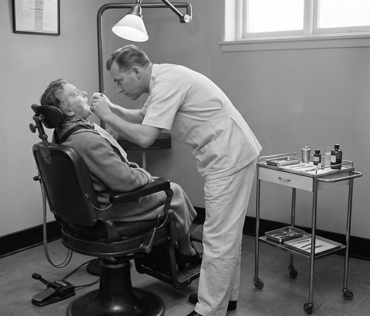 En tandlæge i midten af det tyvende århundrede står foroverbøjet over en patient, der ligger tilbagelænet i en tandlægestol, og tilpasser sin egen krop for at nå patientens mund.