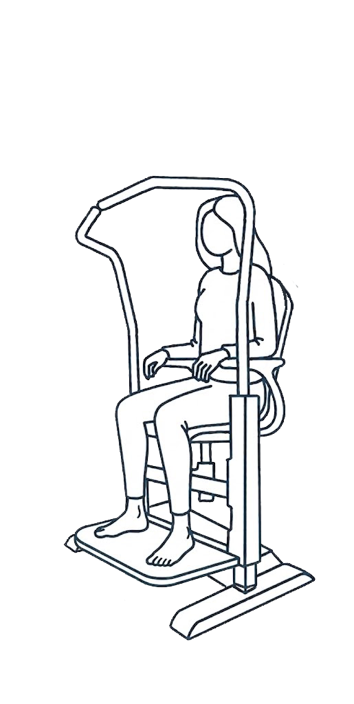 Line drawing of the Orthostand M30 raising a seated patient to standing working height