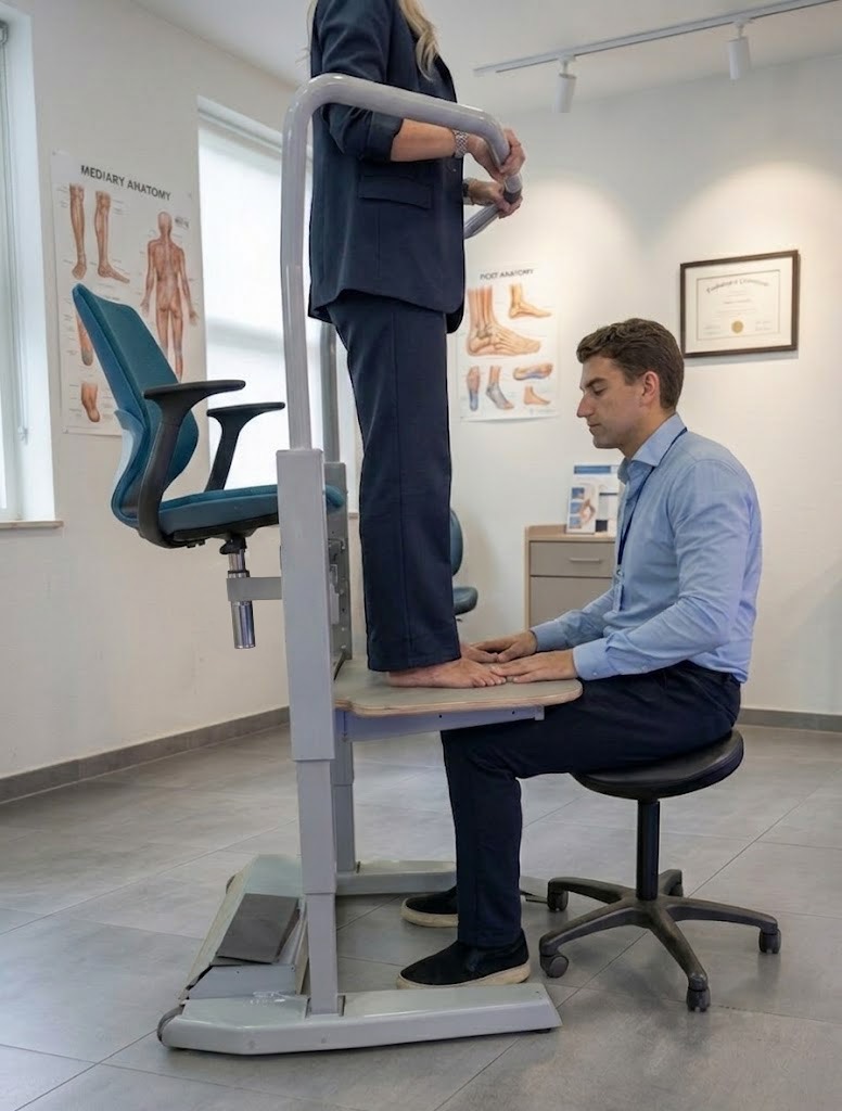 The same client stands on the Orthostand platform, the foot flattening under full body weight while it is examined.