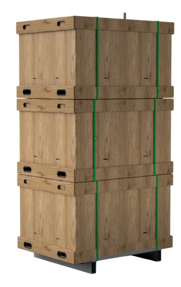 The closed tape-free 3-Pack: interlocking cardboard on a steel pallet, secured with two straps