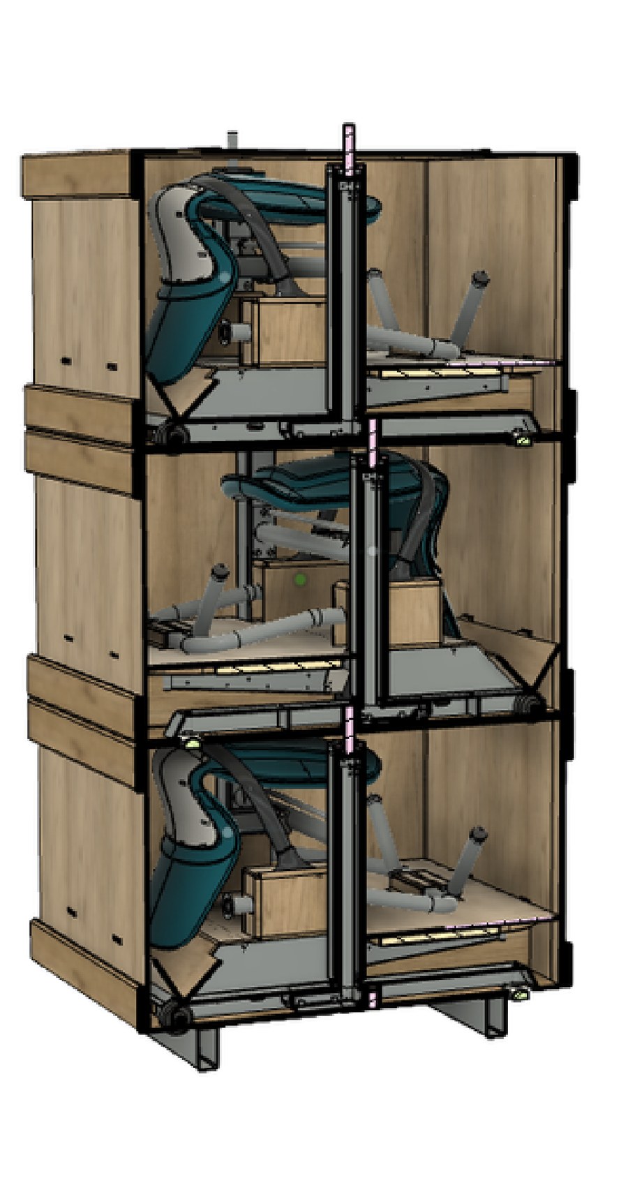 Cutaway of the Orthostand 3-Pack: three Orthostands stacked into each other inside the tape-free cardboard pack on a steel pallet