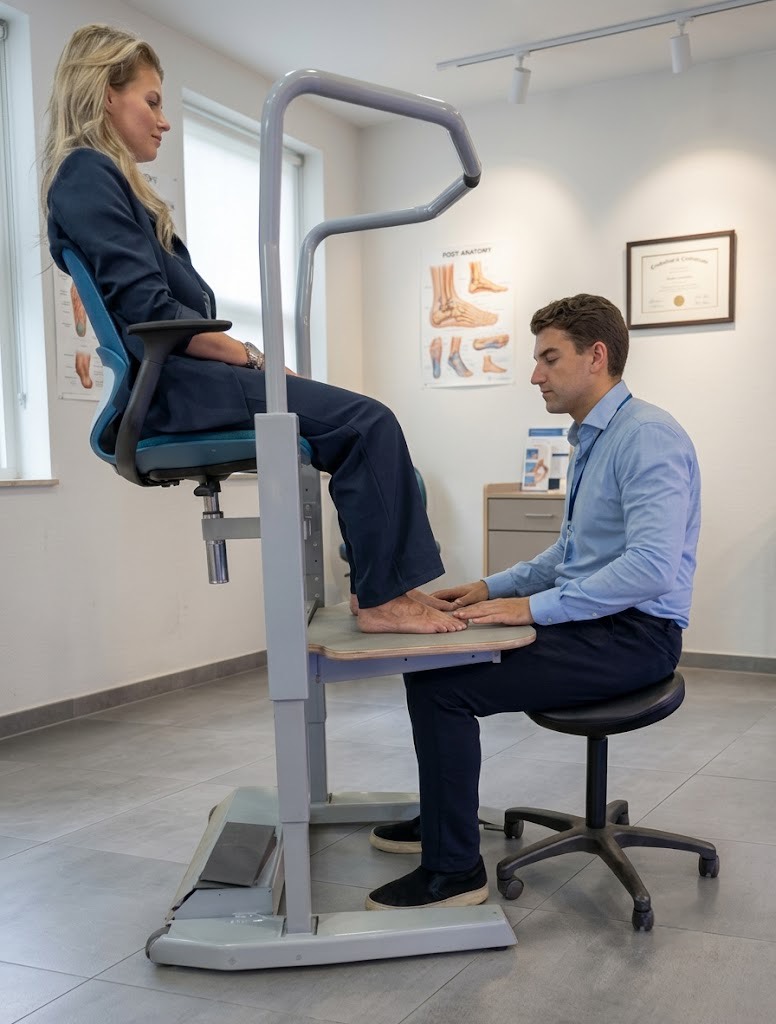 A client sits in a raised chair with the feet hanging free, the foot examined without carrying any body weight.
