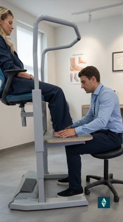 A specialist seated upright beside an Orthostand, forearms resting on the platform, treating the foot of a client whose leg is raised to working height.