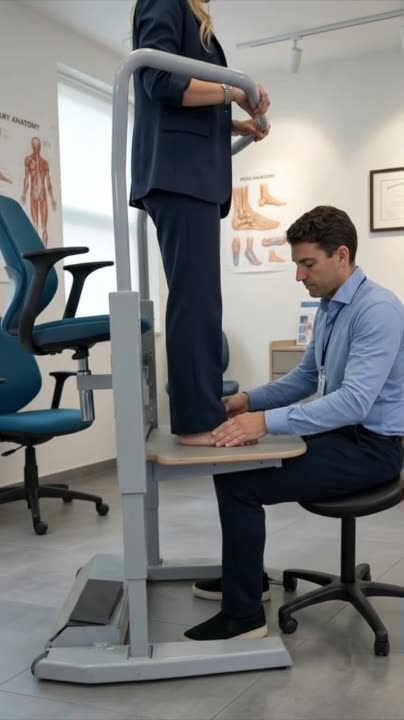 Uno specialista seduto accanto alla piattaforma sollevata di un Orthostand, con le mani appoggiate sulla piattaforma, che lavora sul piede di un cliente in piedi su di essa, eretto e senza piegarsi.